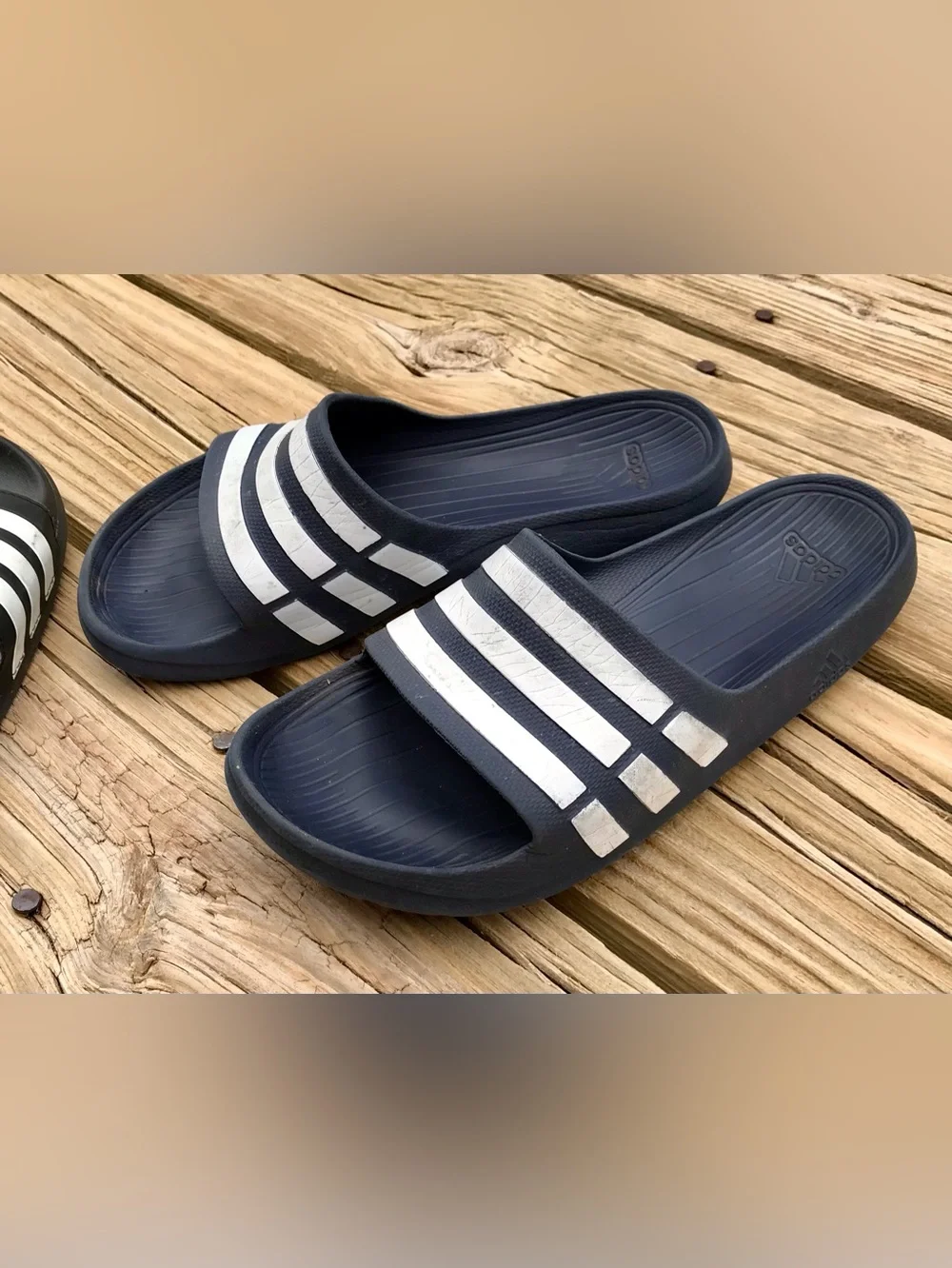 2 Pair Mens 6 7 Womens 8 9 ADIDAS Black Navy Blue Stripe Slide Sandals